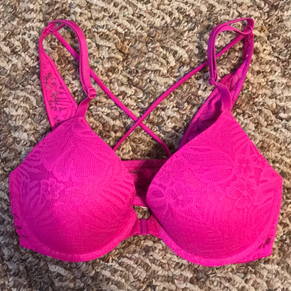 PINK front hook cross cross back push up bra - Picture 1 of 3